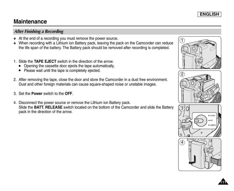 Maintenance, After finishing a recording | Samsung SC-D453-XAA User Manual | Page 115 / 124