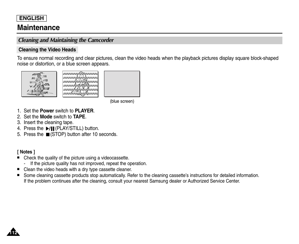 Cleaning and maintaining the camcorder, Maintenance | Samsung SC-D453-XAA User Manual | Page 116 / 124