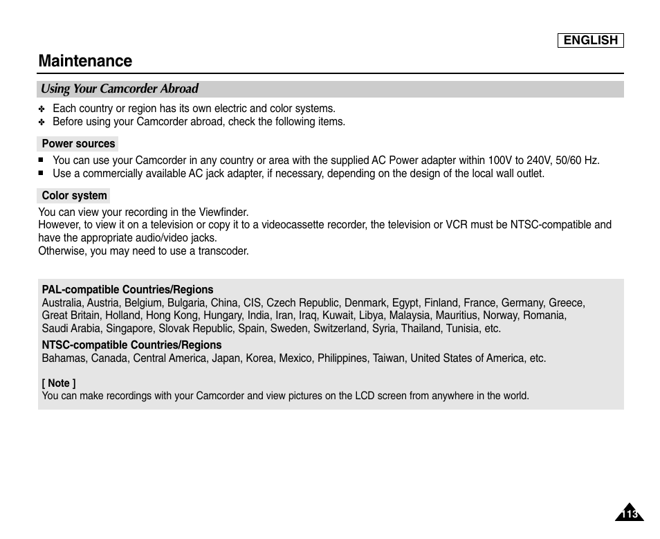 Using your camcorder abroad, Maintenance | Samsung SC-D453-XAA User Manual | Page 117 / 124