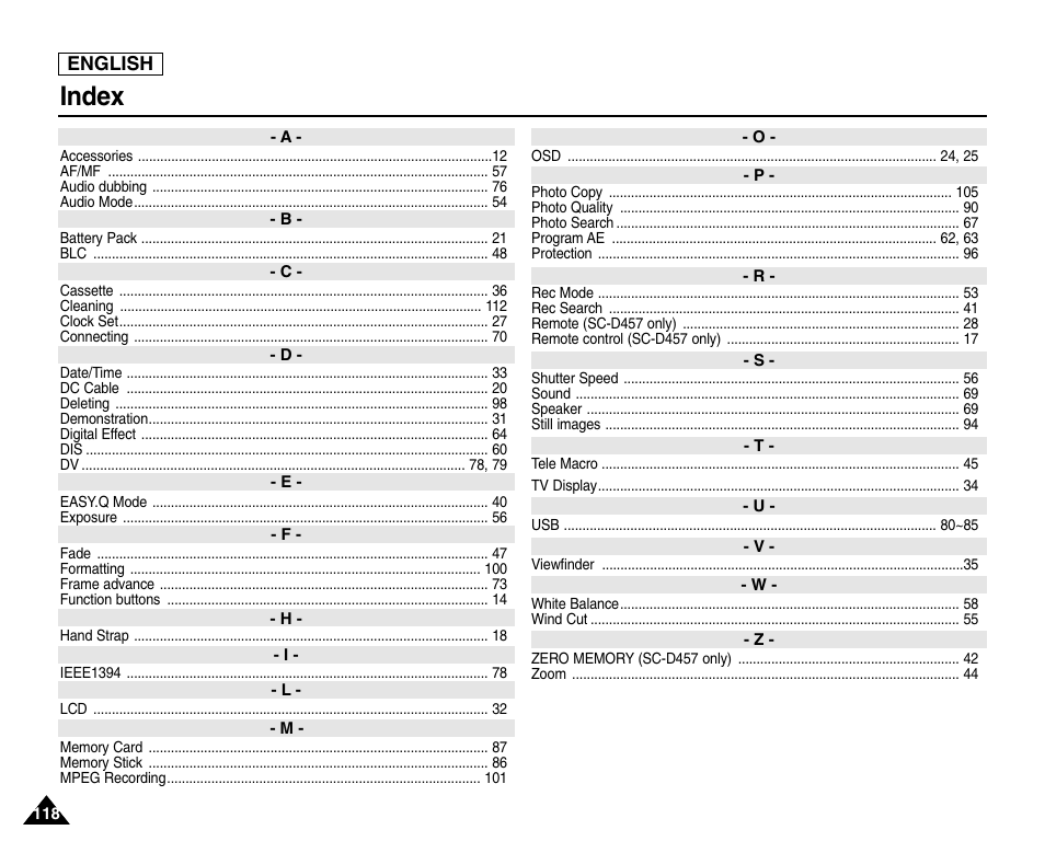 Index | Samsung SC-D453-XAA User Manual | Page 122 / 124