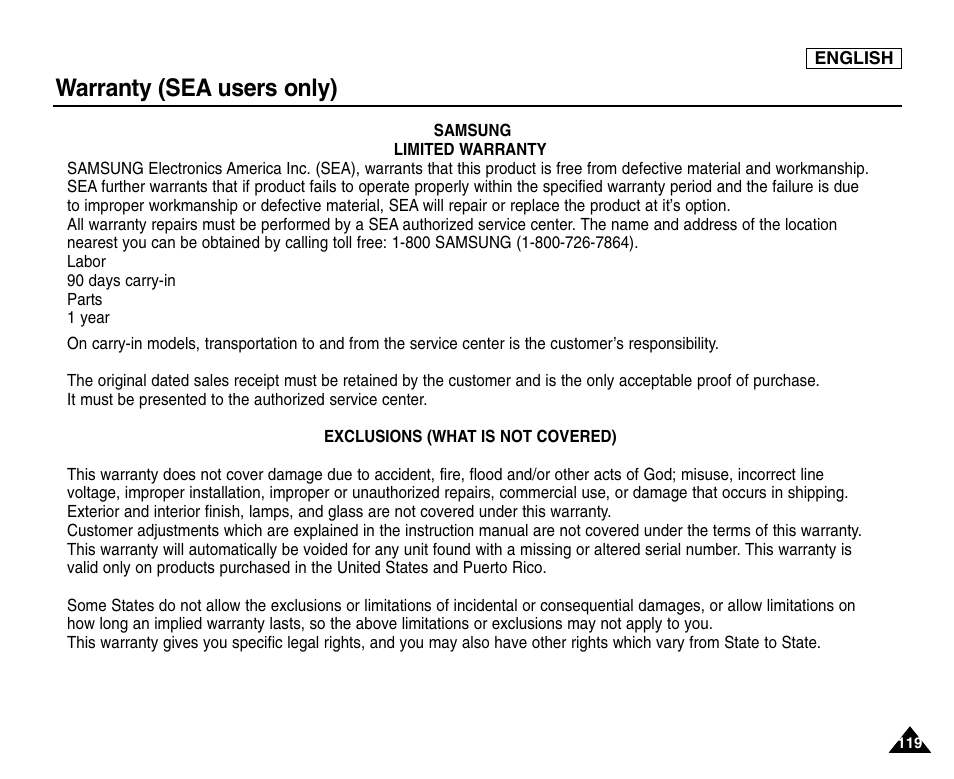 Warranty(sea users only), Warranty (sea users only) | Samsung SC-D453-XAA User Manual | Page 123 / 124