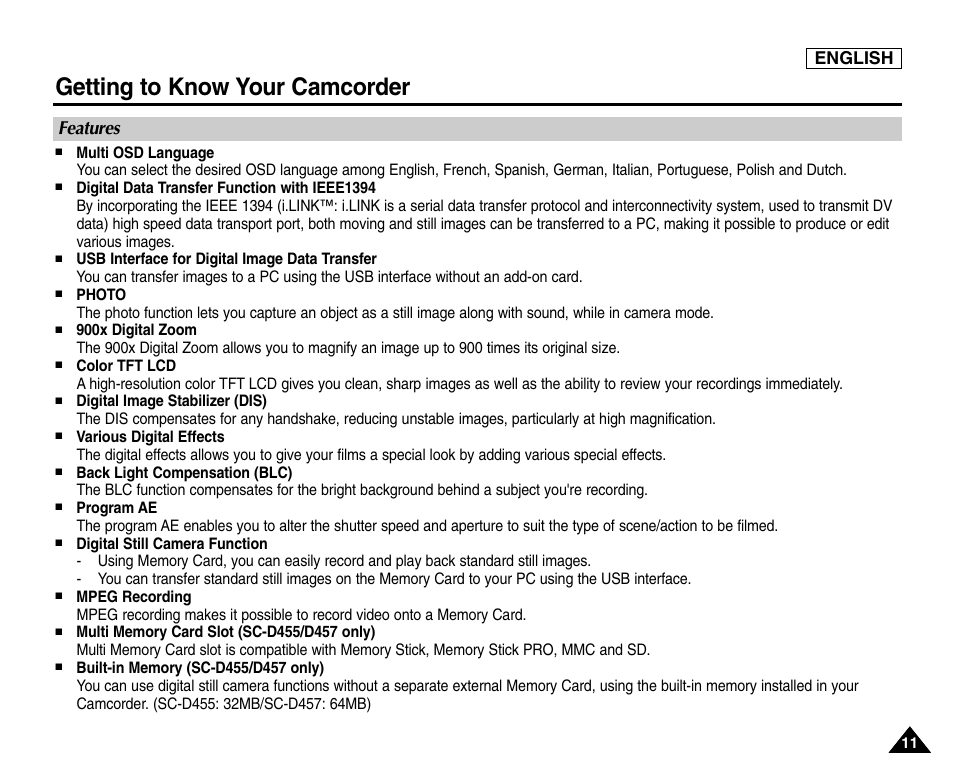 Getting to know your camcorder, Features, English | Samsung SC-D453-XAA User Manual | Page 15 / 124