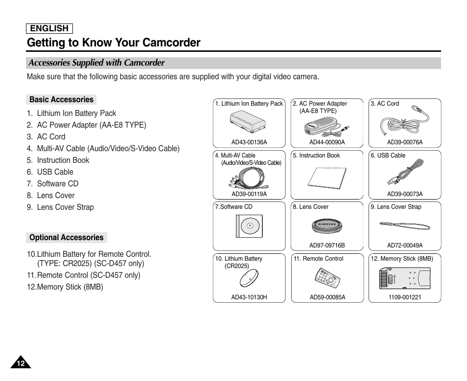 Accessories supplied with camcorder, Getting to know your camcorder | Samsung SC-D453-XAA User Manual | Page 16 / 124