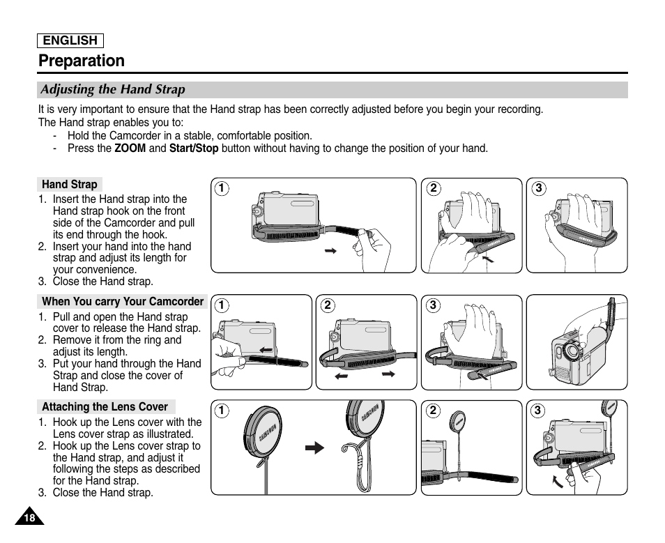 Preparation, Adjusting the hand strap, Hand strap | When you carry your camcorder, Attaching the lens cover | Samsung SC-D453-XAA User Manual | Page 22 / 124