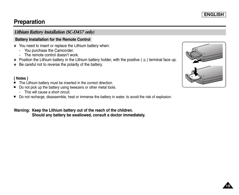 Lithium battery installation (sc-d457 only), Battery installation for the remote control, Preparation | Samsung SC-D453-XAA User Manual | Page 23 / 124