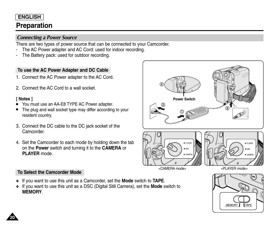 Connecting a power source, To use the ac power adapter and dc cable, To select the camcorder mode | Preparation | Samsung SC-D453-XAA User Manual | Page 24 / 124