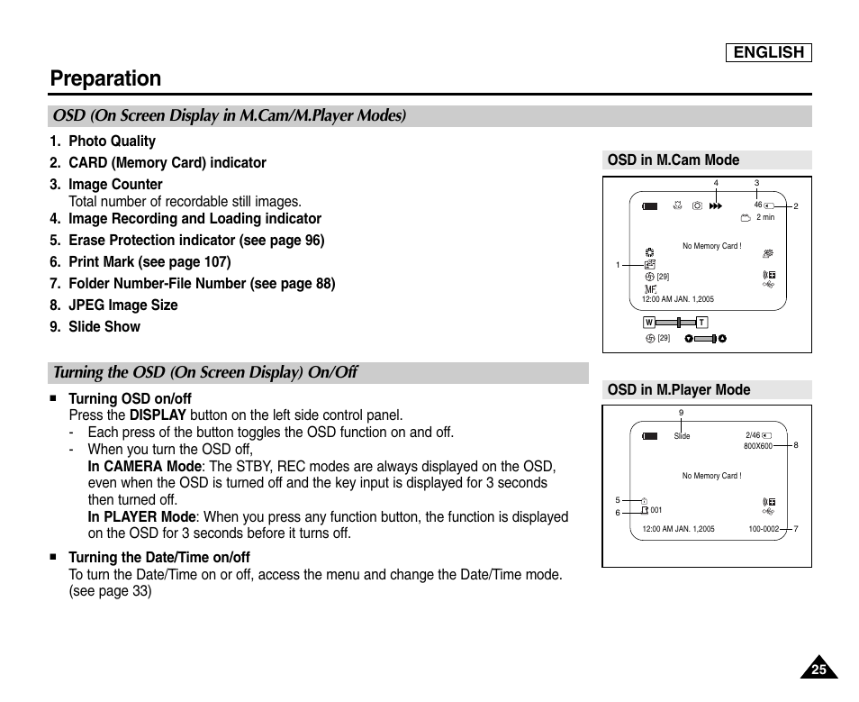 Osd (on screen display in mcam/mplayer modes), Turning the osd (on screen display) on/off, Preparation | Osd (on screen display in m.cam/m.player modes), English, Osd in m.cam mode osd in m.player mode | Samsung SC-D453-XAA User Manual | Page 29 / 124