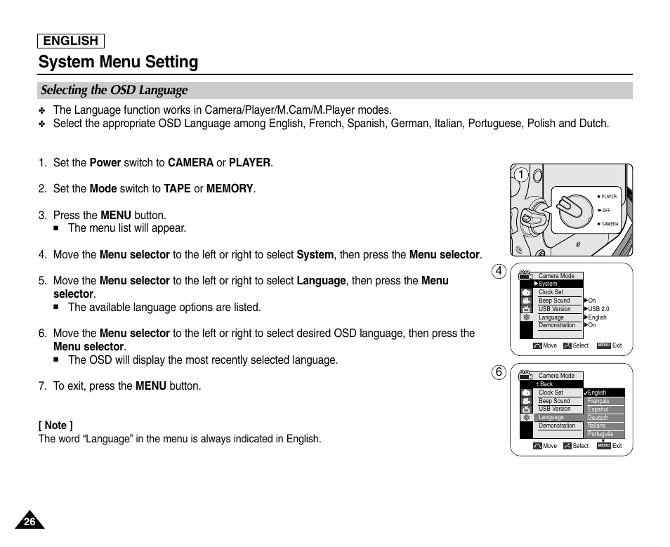 System menu setting, Selecting the osd language, English | Samsung SC-D453-XAA User Manual | Page 30 / 124