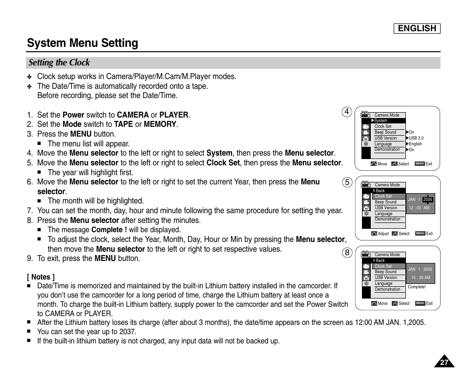 Setting the clock, System menu setting, English | The message complete ! will be displayed, You can set the year up to 2037 | Samsung SC-D453-XAA User Manual | Page 31 / 124