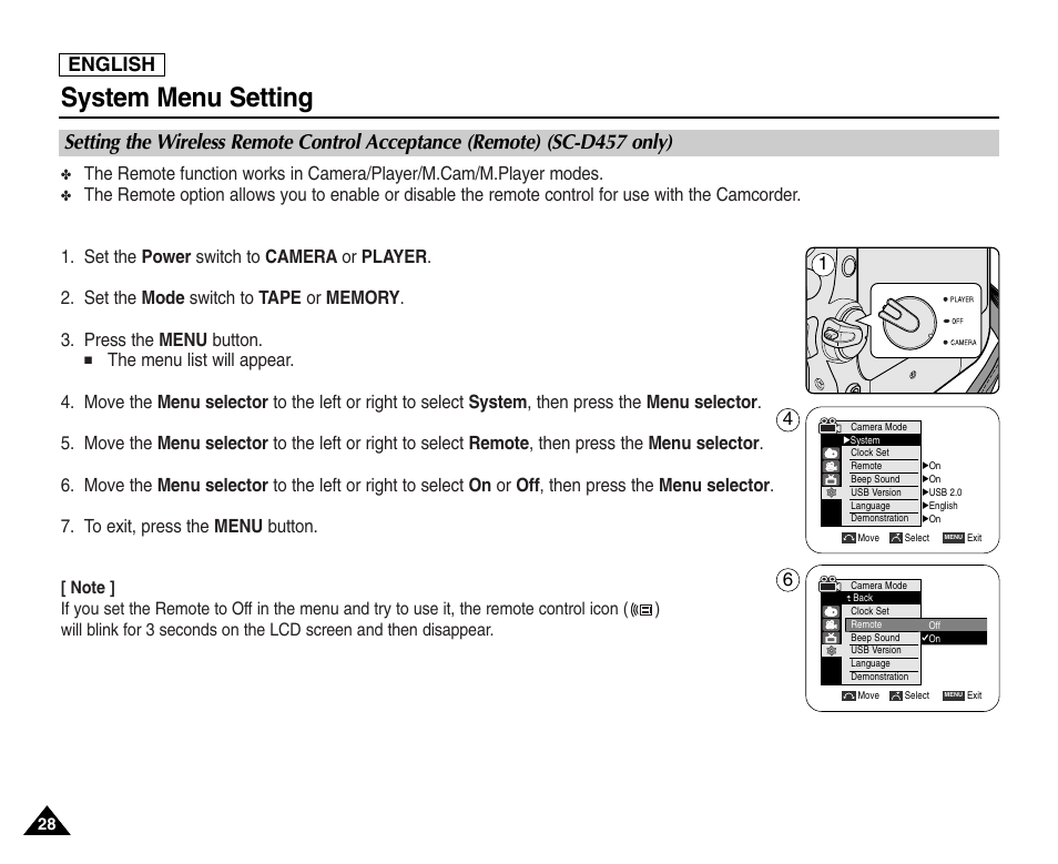 System menu setting, English | Samsung SC-D453-XAA User Manual | Page 32 / 124