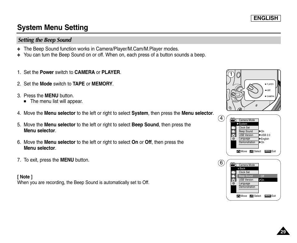 Setting the beep sound, System menu setting, English | Samsung SC-D453-XAA User Manual | Page 33 / 124