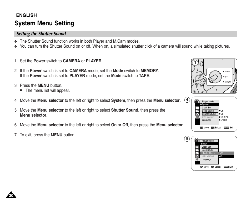 Setting the shutter sound, System menu setting, English | Samsung SC-D453-XAA User Manual | Page 34 / 124