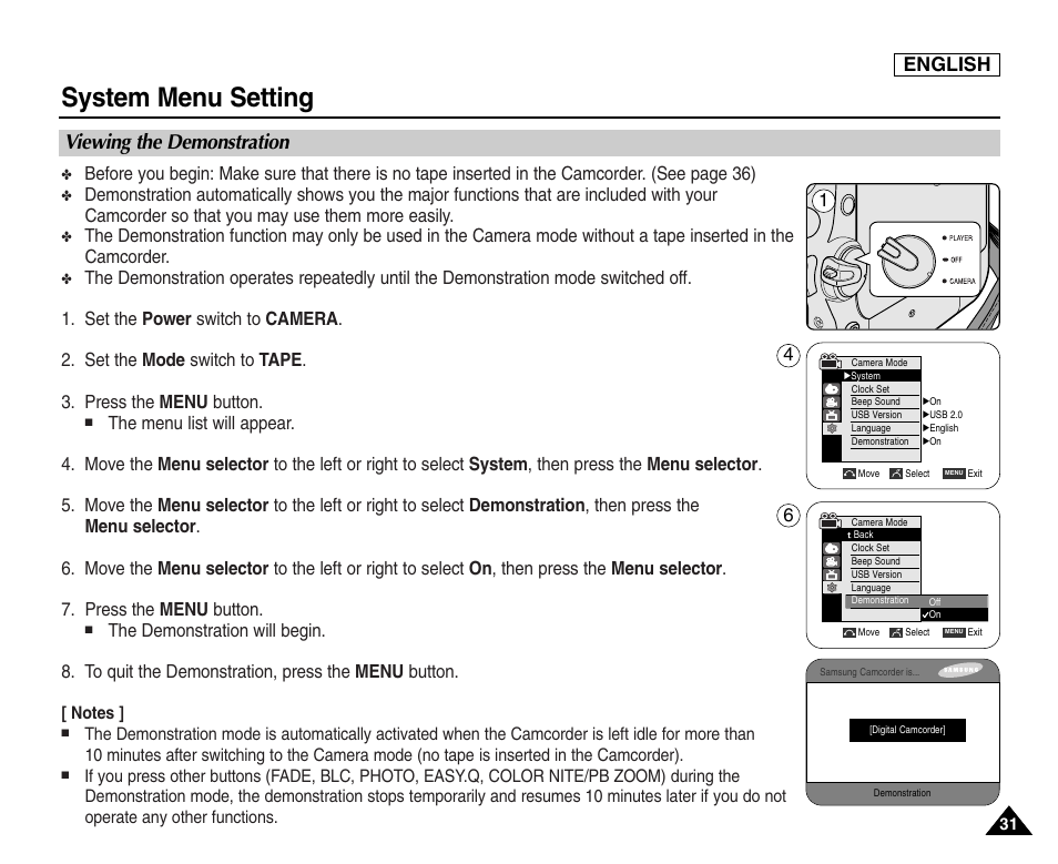 Viewing the demonstration, System menu setting, English | Samsung SC-D453-XAA User Manual | Page 35 / 124