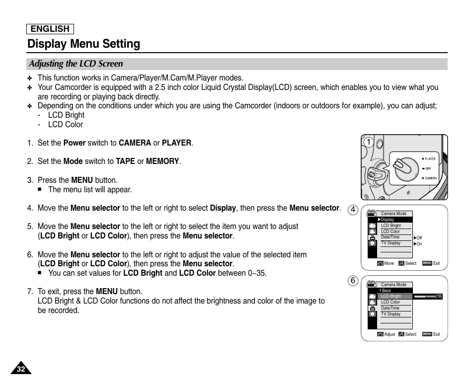 Display menu setting, Adjusting the lcd screen, English | Samsung SC-D453-XAA User Manual | Page 36 / 124