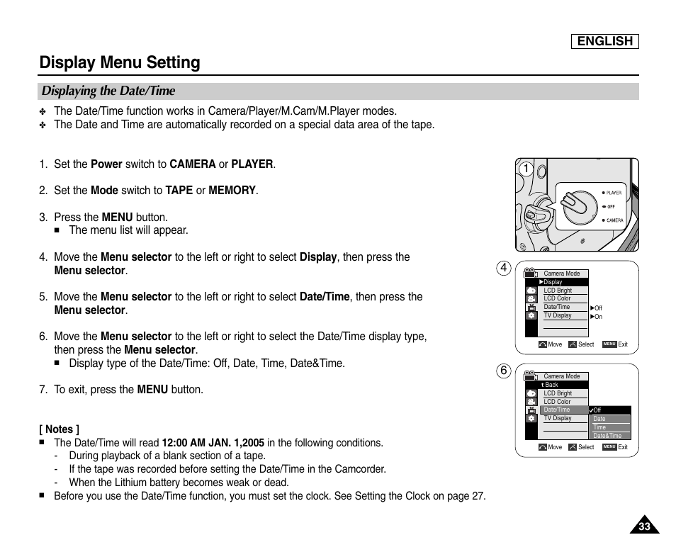 Displaying the date/time, Display menu setting, English | Samsung SC-D453-XAA User Manual | Page 37 / 124