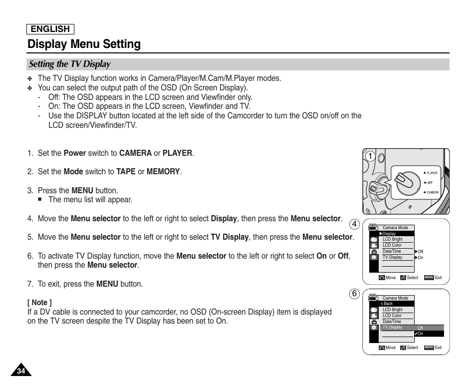 Setting the tv display, Display menu setting, English | Samsung SC-D453-XAA User Manual | Page 38 / 124