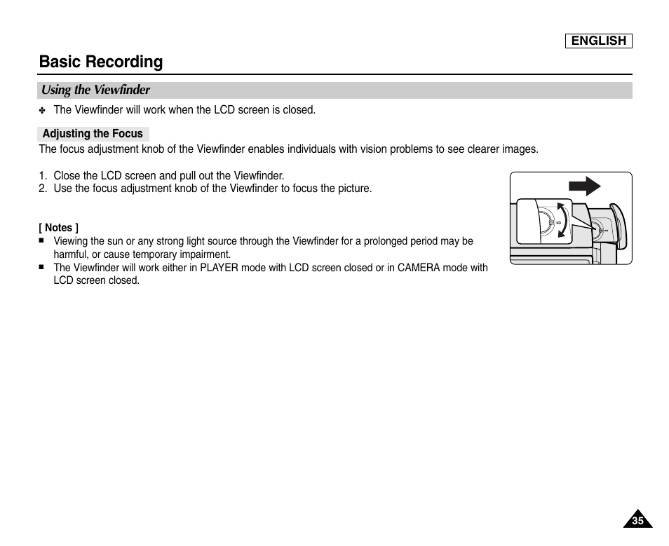 Basic recording, Using the viewfinder, Adjusting the focus | Samsung SC-D453-XAA User Manual | Page 39 / 124