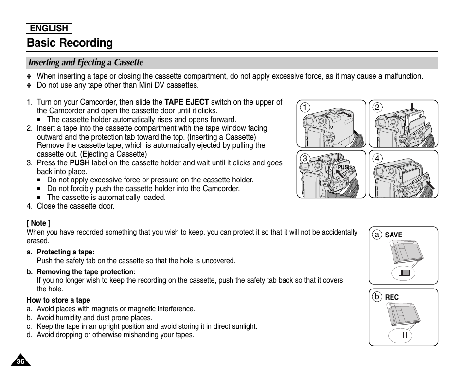 Inserting and ejecting a cassette, Basic recording | Samsung SC-D453-XAA User Manual | Page 40 / 124