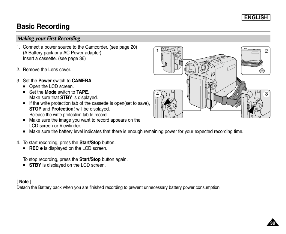 Making your first recording, Basic recording | Samsung SC-D453-XAA User Manual | Page 43 / 124