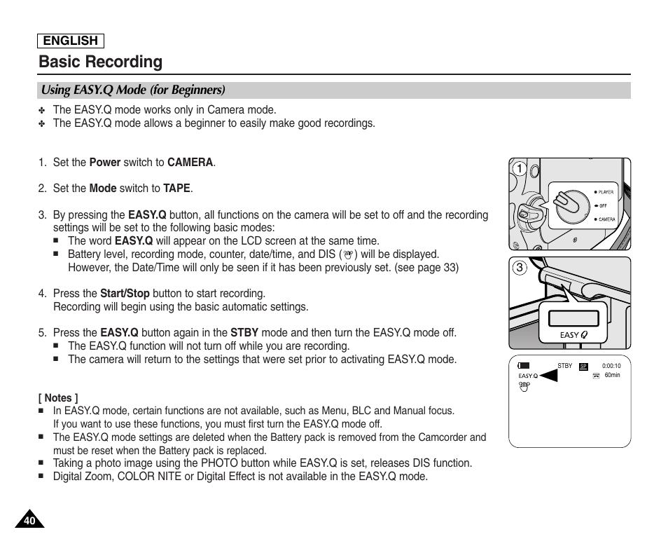 Using easyq mode (for beginners), Basic recording, Using easy.q mode (for beginners) | Samsung SC-D453-XAA User Manual | Page 44 / 124