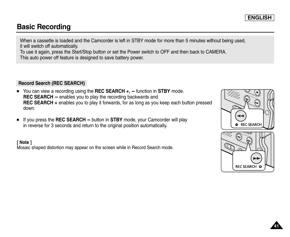 Record search (rec search), Basic recording | Samsung SC-D453-XAA User Manual | Page 45 / 124