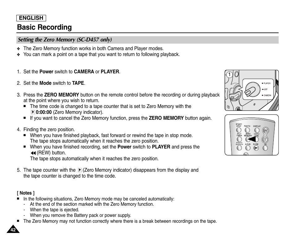 Setting the zero memory (sc-d457 only), Basic recording | Samsung SC-D453-XAA User Manual | Page 46 / 124