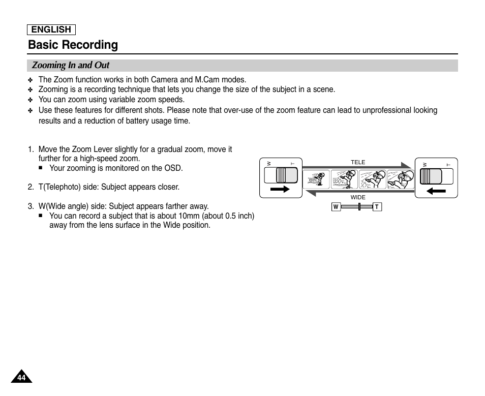 Zooming in and out, Basic recording | Samsung SC-D453-XAA User Manual | Page 48 / 124