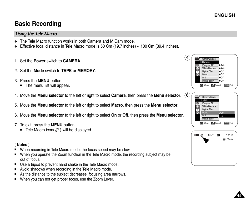 Using the tele macro, Basic recording, English | Tele macro icon( ) will be displayed | Samsung SC-D453-XAA User Manual | Page 49 / 124