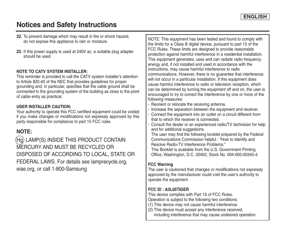 Notices and safety instructions | Samsung SC-D453-XAA User Manual | Page 5 / 124