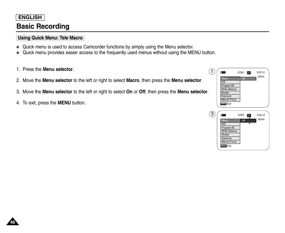 Using quick menu: tele macro, Basic recording, English | Samsung SC-D453-XAA User Manual | Page 50 / 124