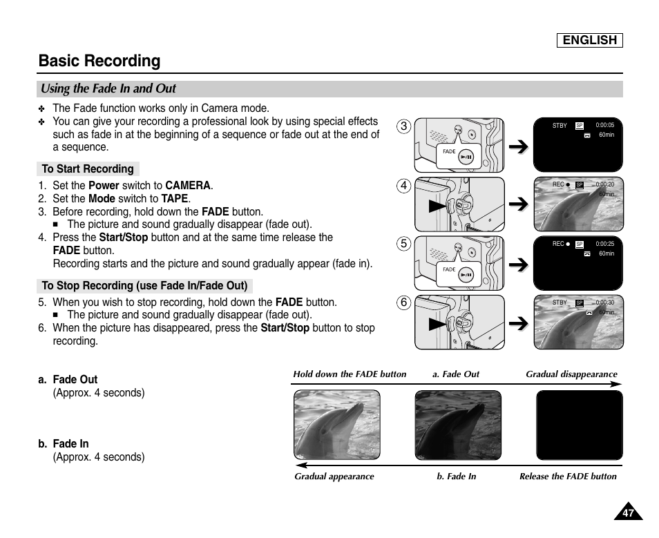 Using the fade in and out, To start recording, To stop recording (use fade in/fade out) | Basic recording | Samsung SC-D453-XAA User Manual | Page 51 / 124