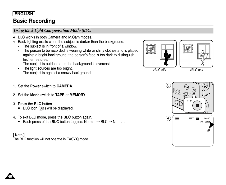 Using back light compensation mode (blc), Basic recording | Samsung SC-D453-XAA User Manual | Page 52 / 124