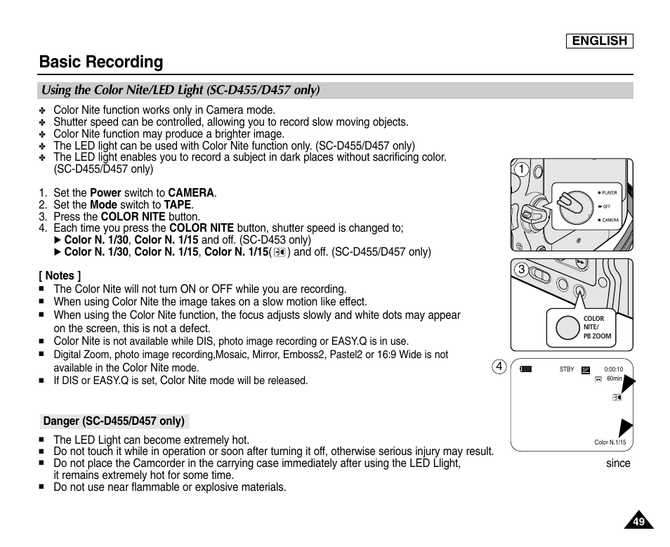 Using the color nite/led light (sc-d455/d457 only), Basic recording | Samsung SC-D453-XAA User Manual | Page 53 / 124