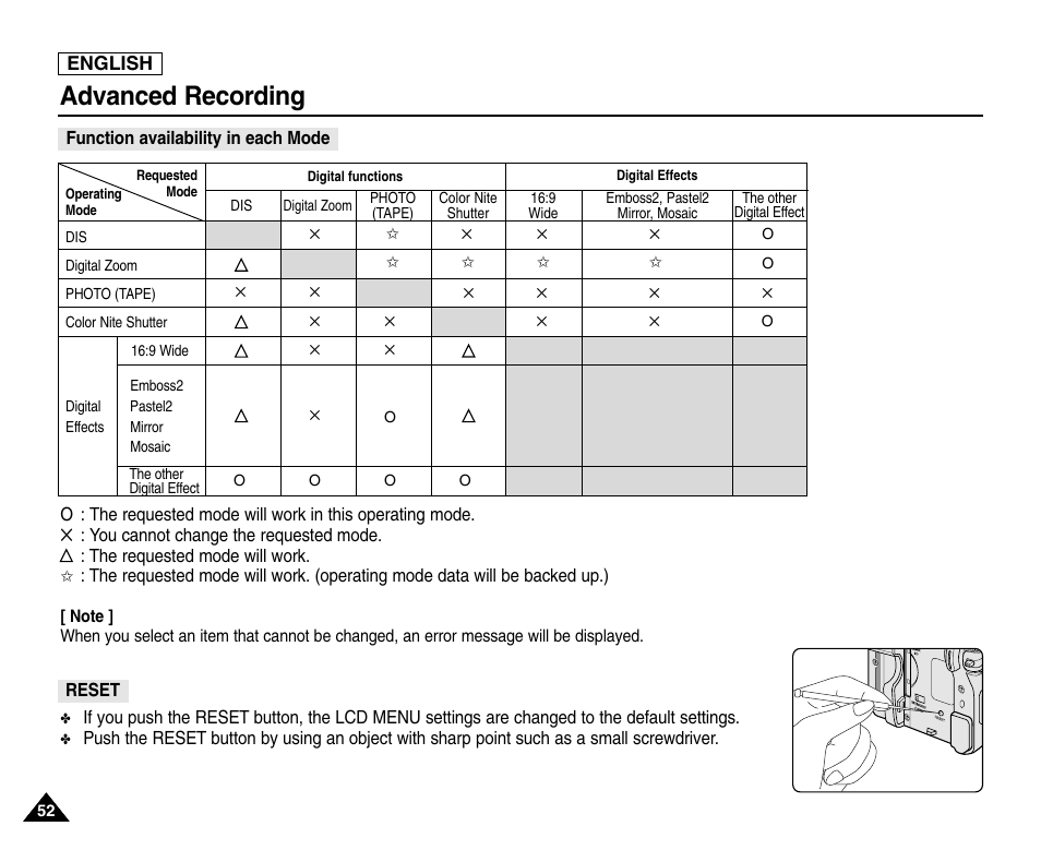 Function availability in each mode, Advanced recording | Samsung SC-D453-XAA User Manual | Page 56 / 124