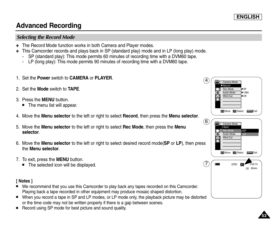 Selecting the record mode, Advanced recording, English | Samsung SC-D453-XAA User Manual | Page 57 / 124