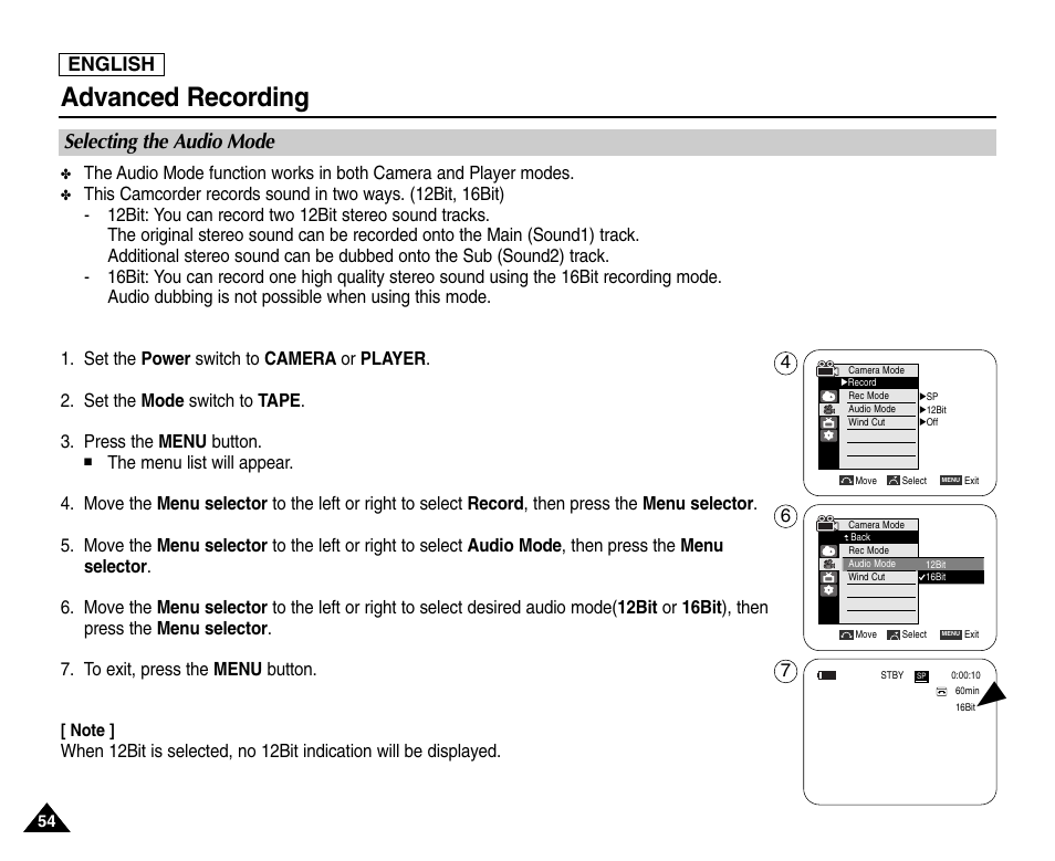 Selecting audio mode, Advanced recording, Selecting the audio mode | English | Samsung SC-D453-XAA User Manual | Page 58 / 124