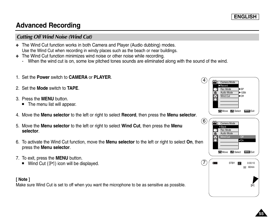 Cutting off wind noise (wind cut), Advanced recording, English | Samsung SC-D453-XAA User Manual | Page 59 / 124