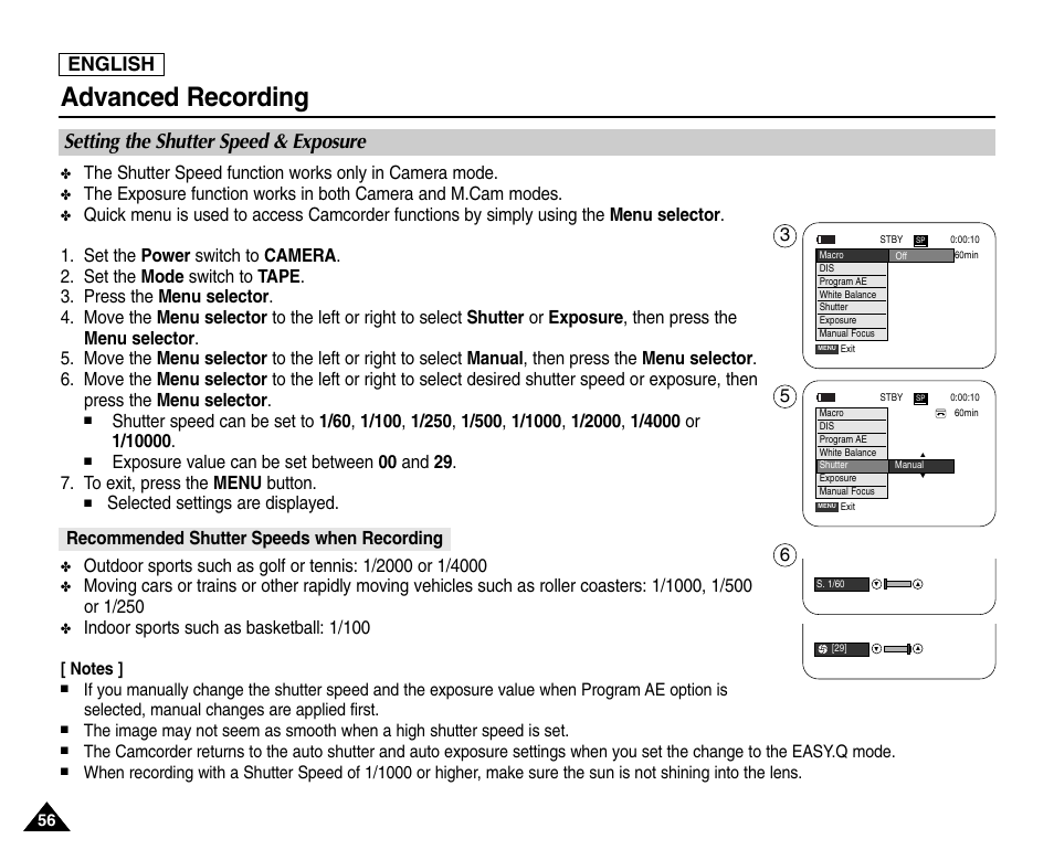 Setting the shutter speed & exposure, Recommended shutter speeds when recording, Advanced recording | English, Selected settings are displayed, Indoor sports such as basketball: 1/100 | Samsung SC-D453-XAA User Manual | Page 60 / 124