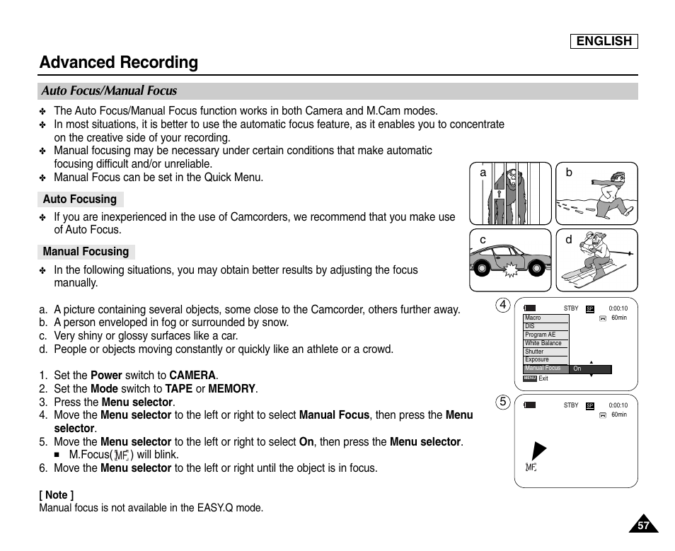 Auto focus/manual focus, Auto focusing, Manual focusing | Advanced recording, English | Samsung SC-D453-XAA User Manual | Page 61 / 124