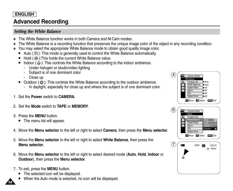 Setting the white balance, Advanced recording, English | Samsung SC-D453-XAA User Manual | Page 62 / 124