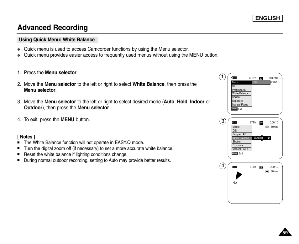 Using quick menu: white balance, Advanced recording, English | Samsung SC-D453-XAA User Manual | Page 63 / 124