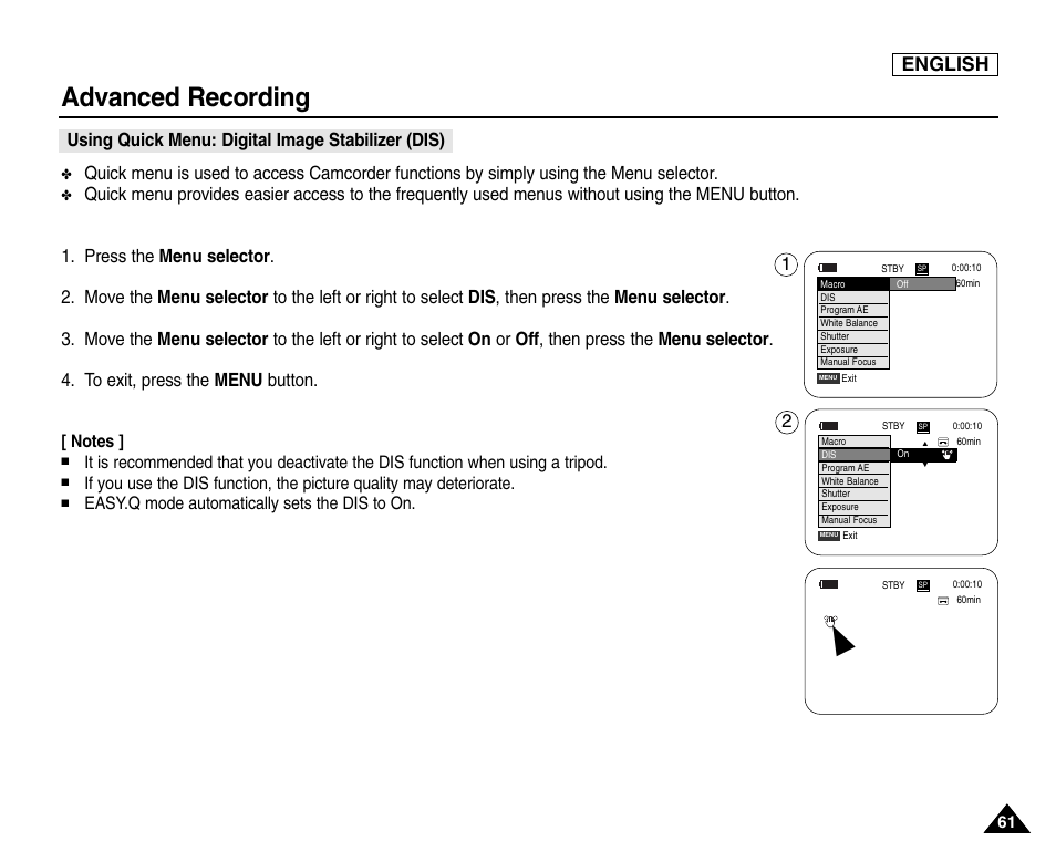 Using quick menu: digital image stabilizer (dis), Advanced recording, English | Samsung SC-D453-XAA User Manual | Page 65 / 124