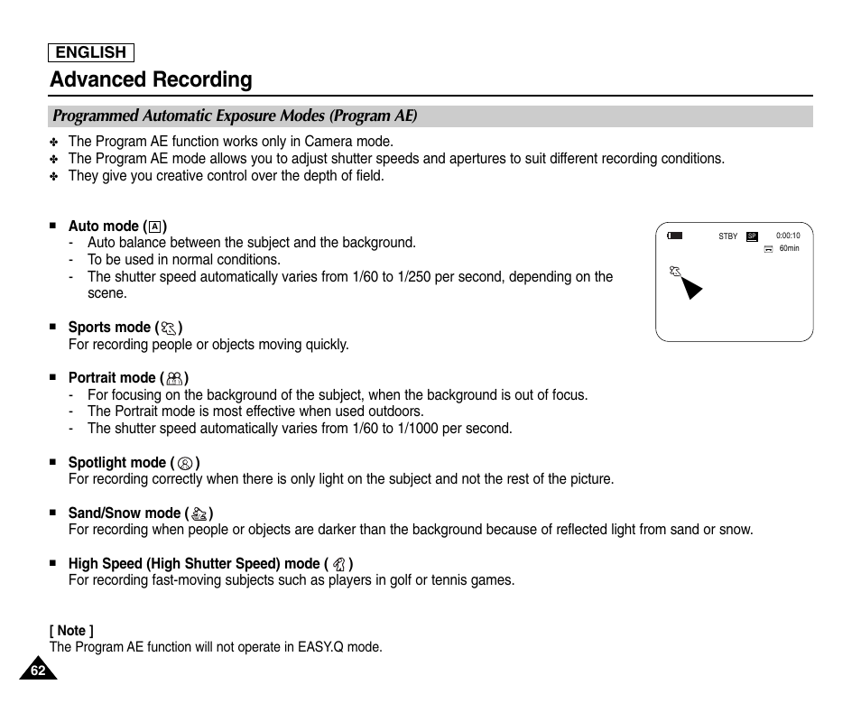 Programmed automatic exposure modes (program ae), Advanced recording | Samsung SC-D453-XAA User Manual | Page 66 / 124