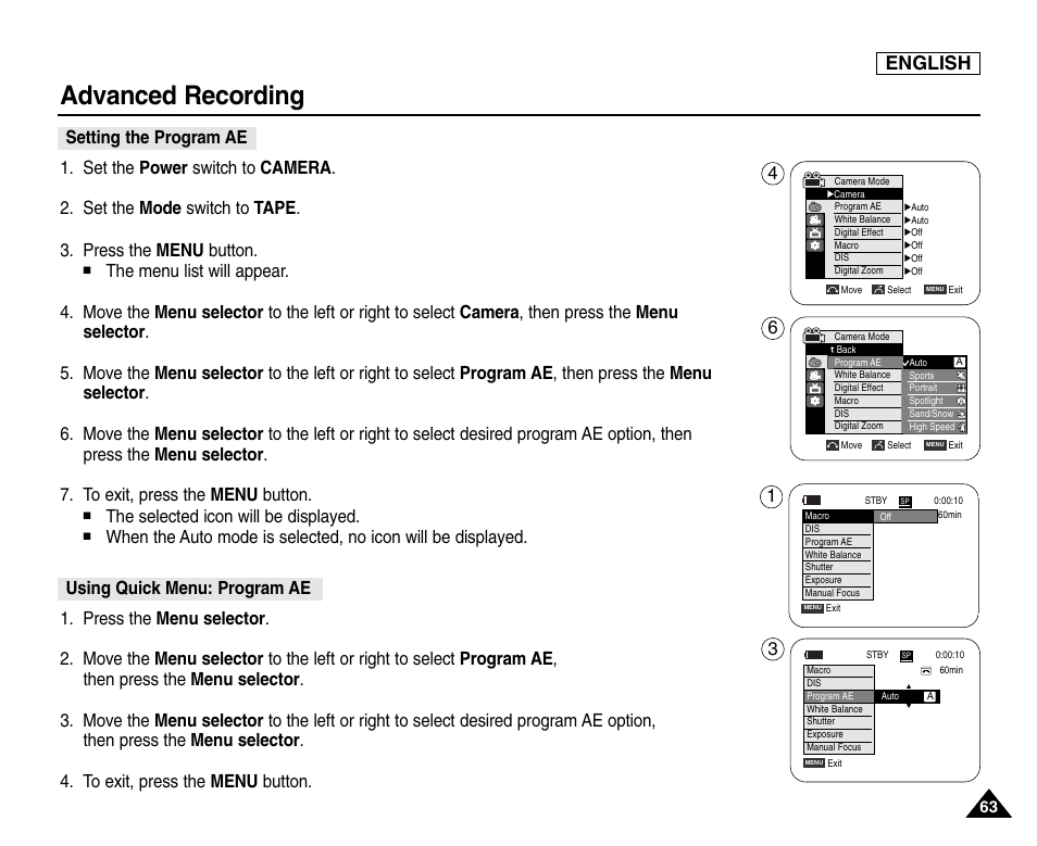 Setting the program ae, Using quick menu: program ae, Advanced recording | English, The selected icon will be displayed | Samsung SC-D453-XAA User Manual | Page 67 / 124