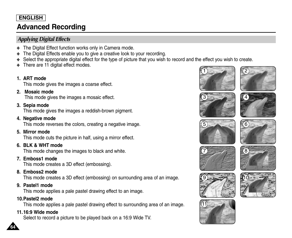 Applying digital effects, Advanced recording | Samsung SC-D453-XAA User Manual | Page 68 / 124