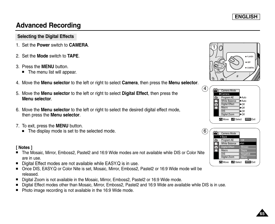 Selecting the digital effects, Advanced recording, English | The display mode is set to the selected mode | Samsung SC-D453-XAA User Manual | Page 69 / 124