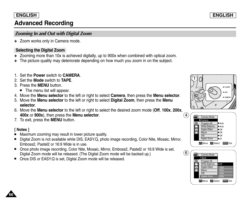 Zooming in and out with digital zoom, Selecting the digital zoom, Advanced recording | English | Samsung SC-D453-XAA User Manual | Page 70 / 124