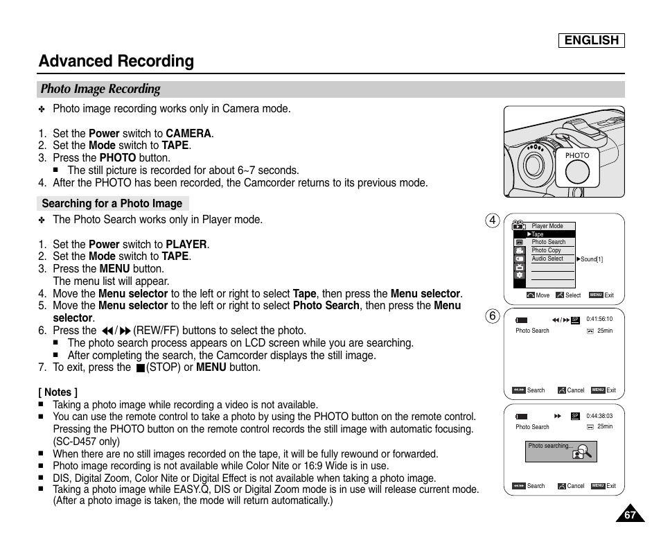 Photo image recording, Searching for a photo image, Advanced recording | English | Samsung SC-D453-XAA User Manual | Page 71 / 124