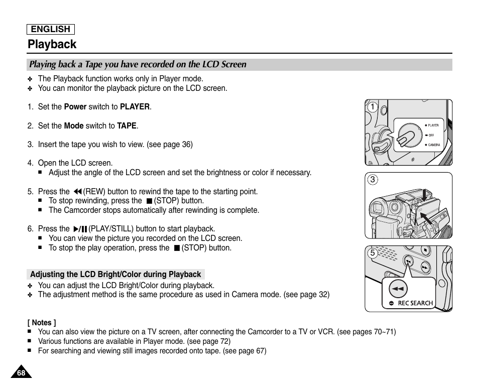 Playback, Adjusting the lcd bright/color during playback | Samsung SC-D453-XAA User Manual | Page 72 / 124