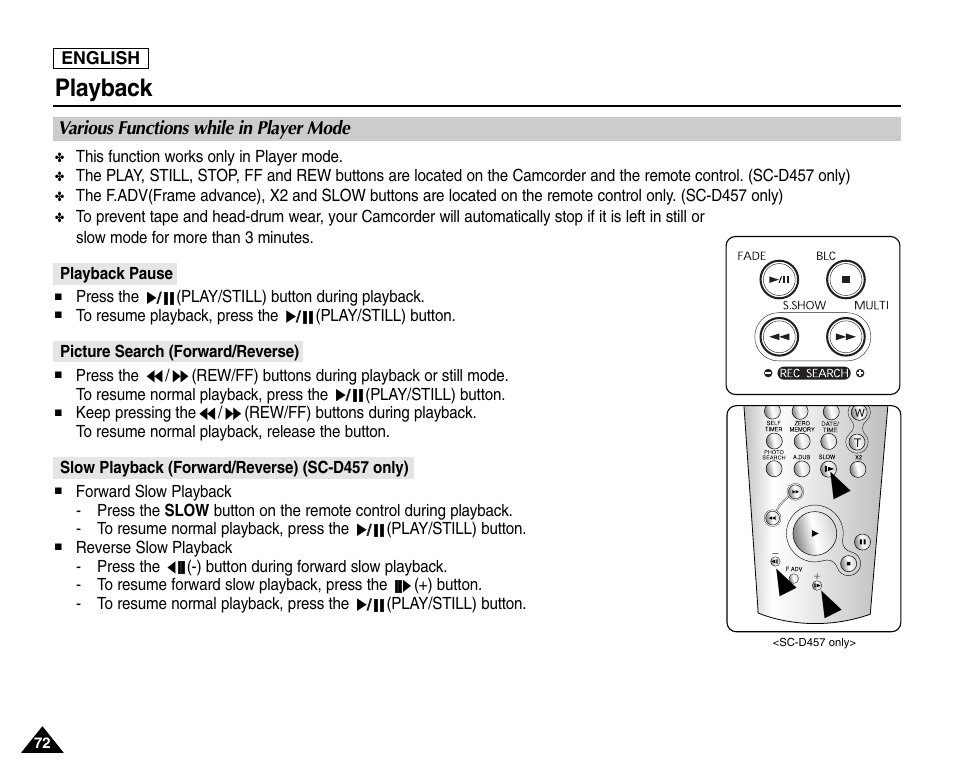 Various functions while in player mode, Playback pause, Picture search (forward/reverse) | Slow playback (forward/reverse) (sc-d457 only), Playback | Samsung SC-D453-XAA User Manual | Page 76 / 124